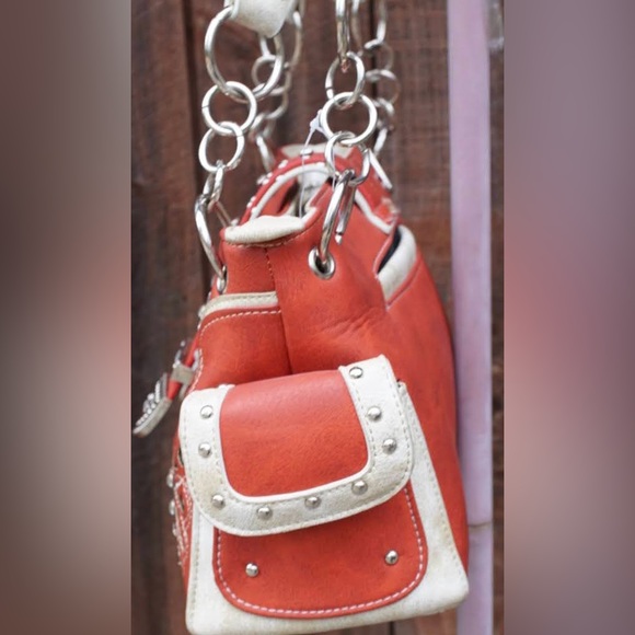 Orange and Turquoise Studded Accented Western Style Satchel Handbag - Picture 9 of 16